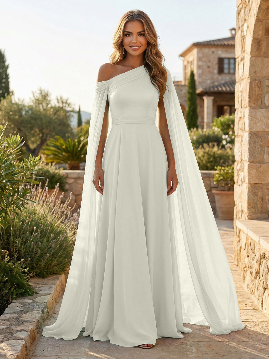 A-Line Chiffon Draped Cape Sleeves Floor-Length Mother of the Bride & Groom Dresses with Sweep Train