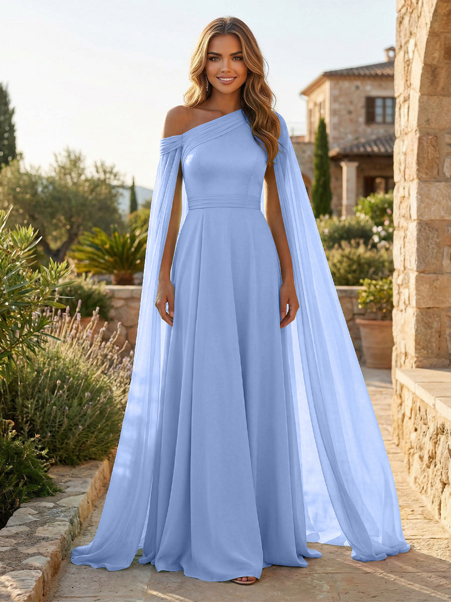 A-Line Chiffon Draped Cape Sleeves Floor-Length Mother of the Bride & Groom Dresses with Sweep Train