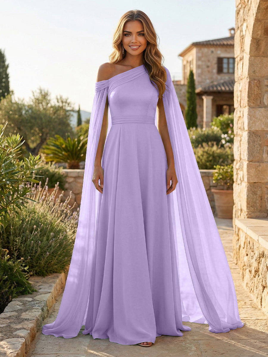 A-Line Chiffon Draped Cape Sleeves Floor-Length Mother of the Bride & Groom Dresses with Sweep Train