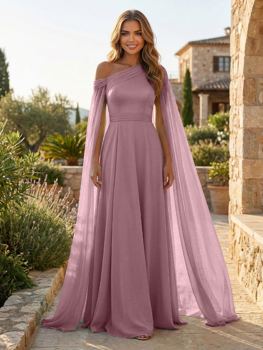 A-Line Chiffon Draped Cape Sleeves Floor-Length Mother of the Bride & Groom Dresses with Sweep Train