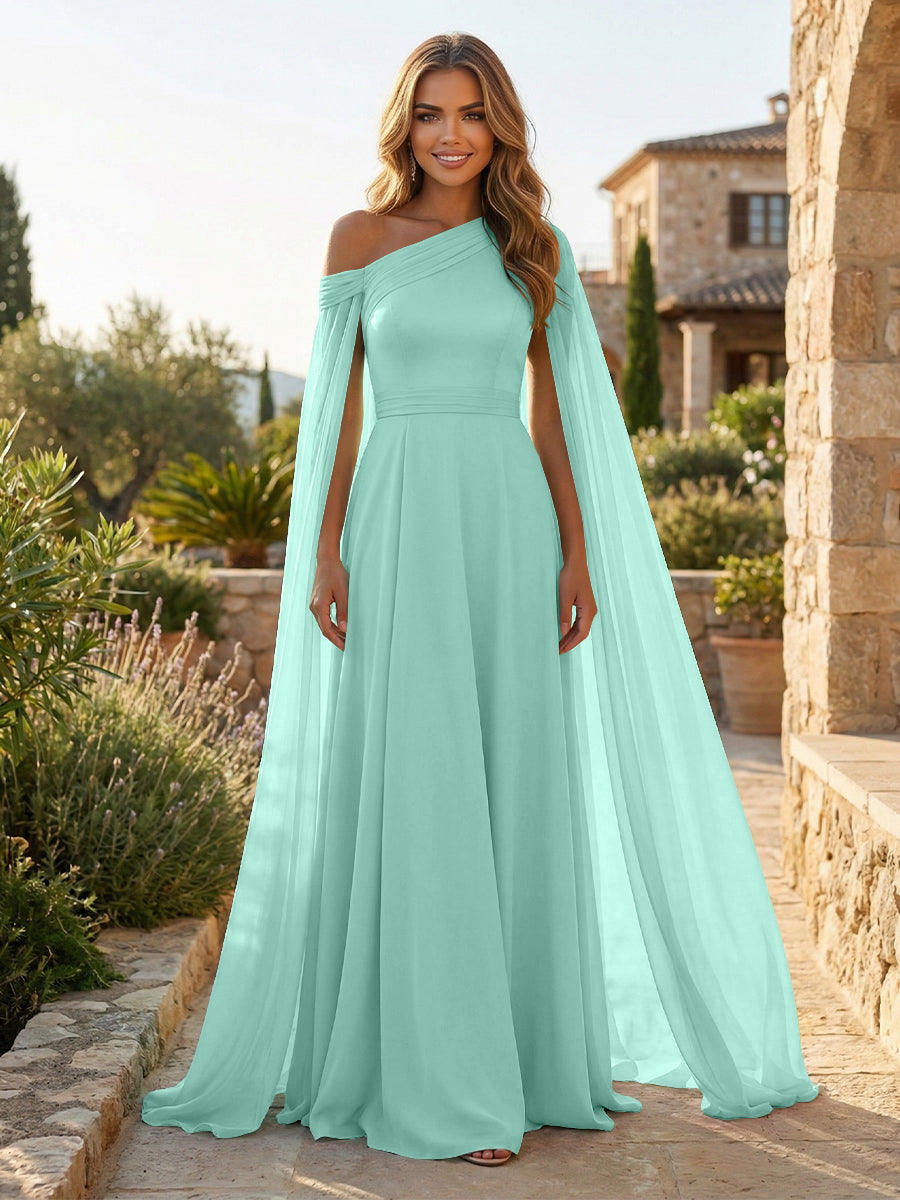 A-Line Chiffon Draped Cape Sleeves Floor-Length Mother of the Bride & Groom Dresses with Sweep Train