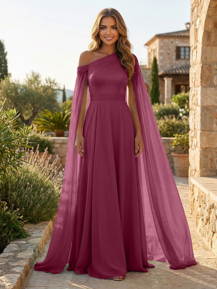 A-Line Chiffon Draped Cape Sleeves Floor-Length Mother of the Bride & Groom Dresses with Sweep Train