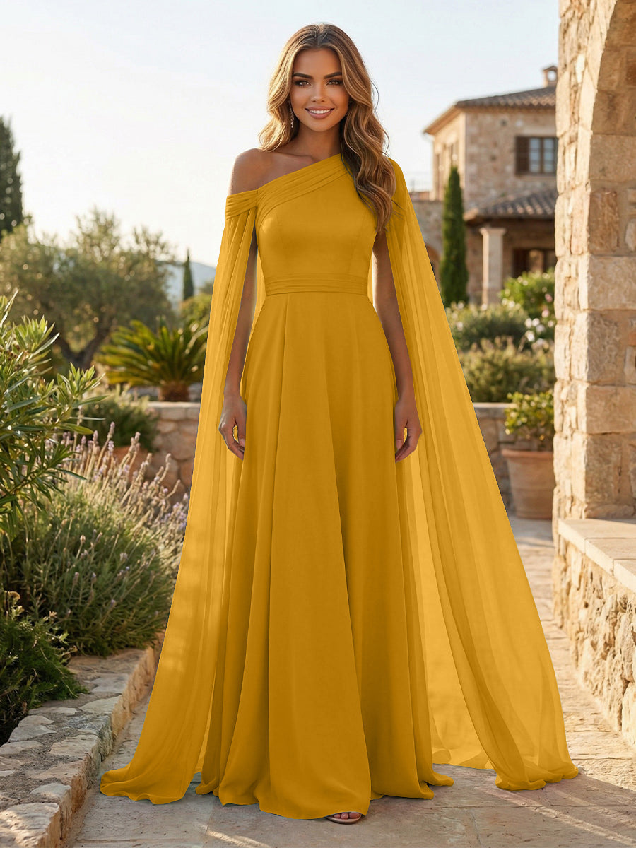 A-Line Chiffon Draped Cape Sleeves Floor-Length Mother of the Bride & Groom Dresses with Sweep Train