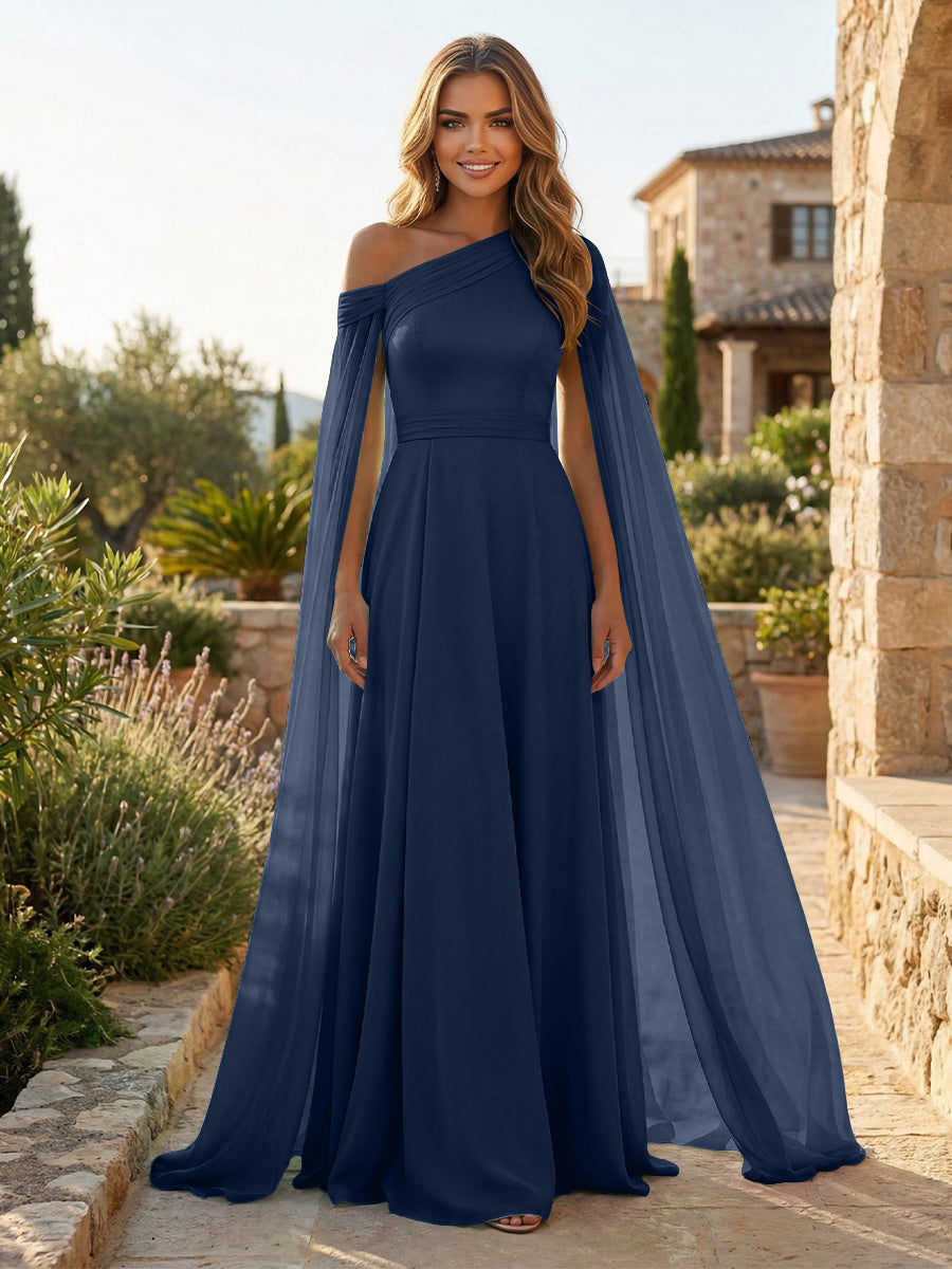A-Line Chiffon Draped Cape Sleeves Floor-Length Mother of the Bride & Groom Dresses with Sweep Train