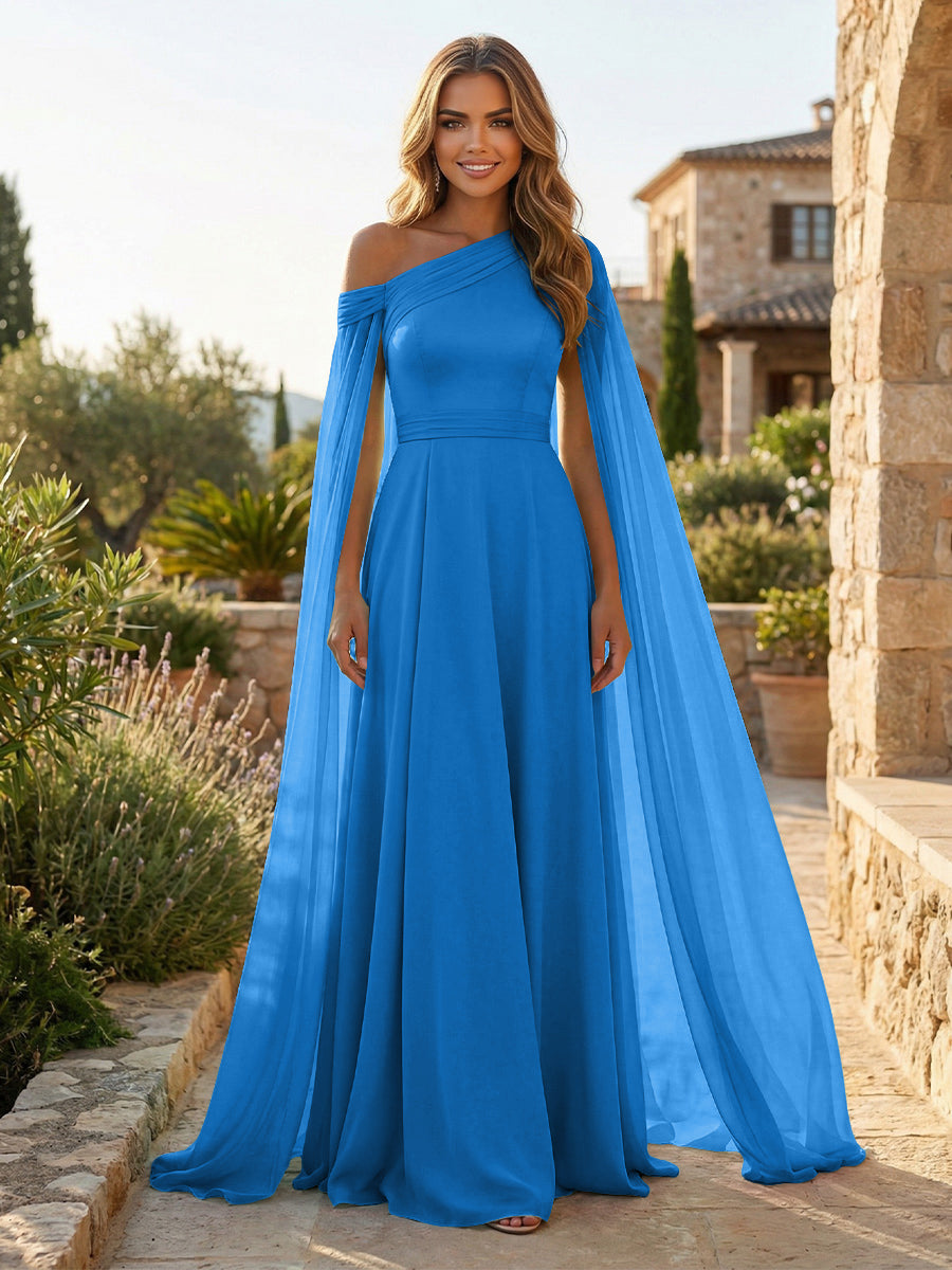 A-Line Chiffon Draped Cape Sleeves Floor-Length Mother of the Bride & Groom Dresses with Sweep Train