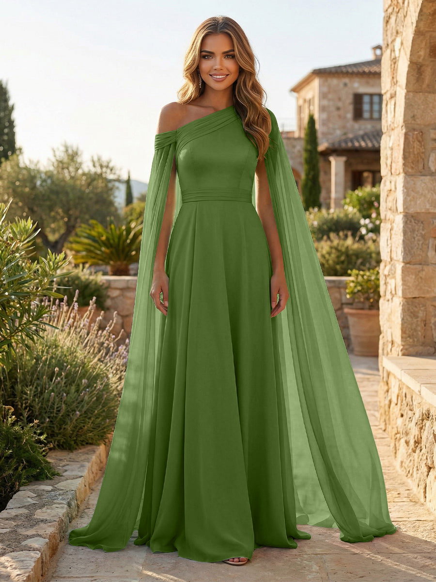 A-Line Chiffon Draped Cape Sleeves Floor-Length Mother of the Bride & Groom Dresses with Sweep Train