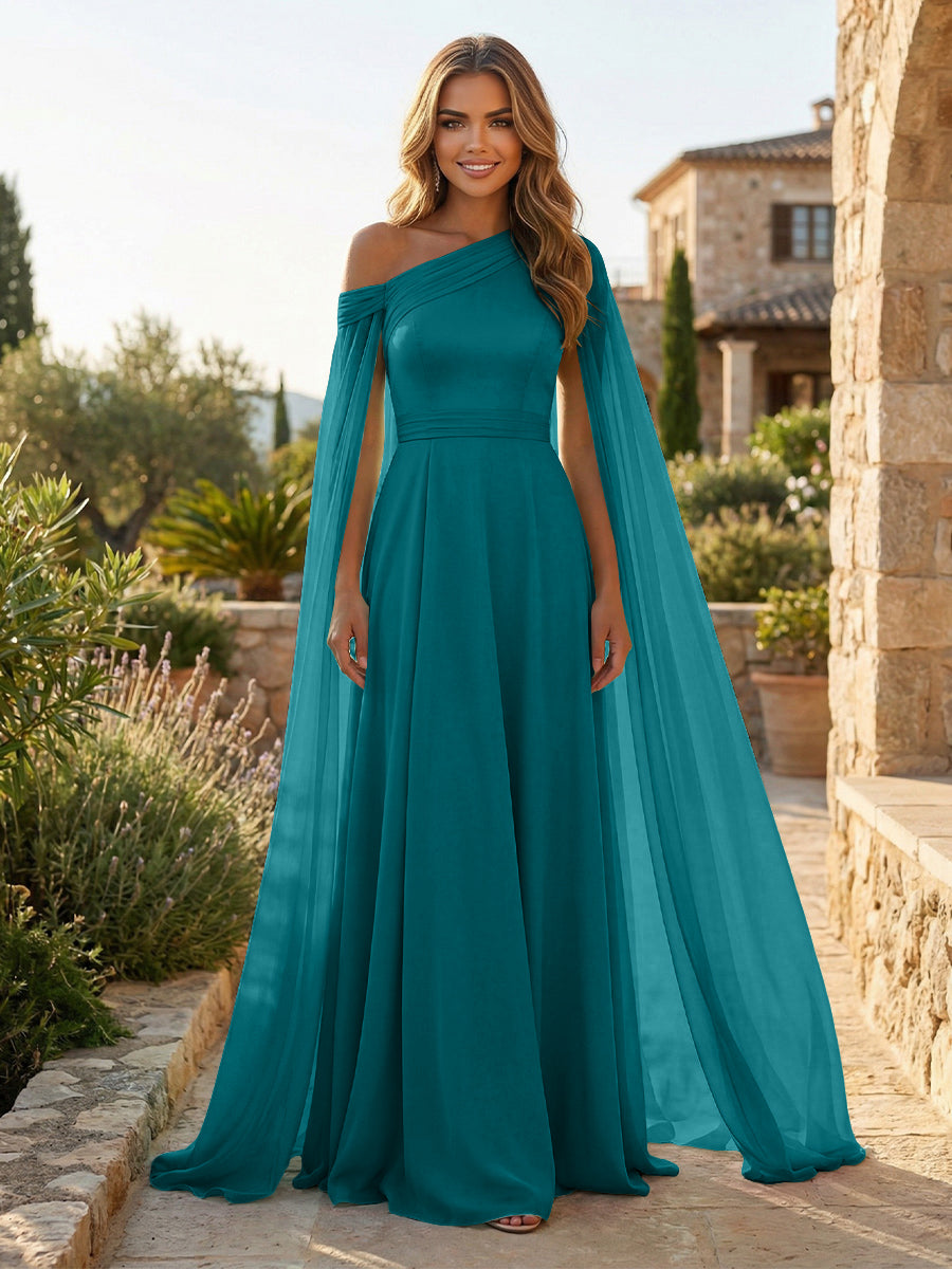 A-Line Chiffon Draped Cape Sleeves Floor-Length Mother of the Bride & Groom Dresses with Sweep Train