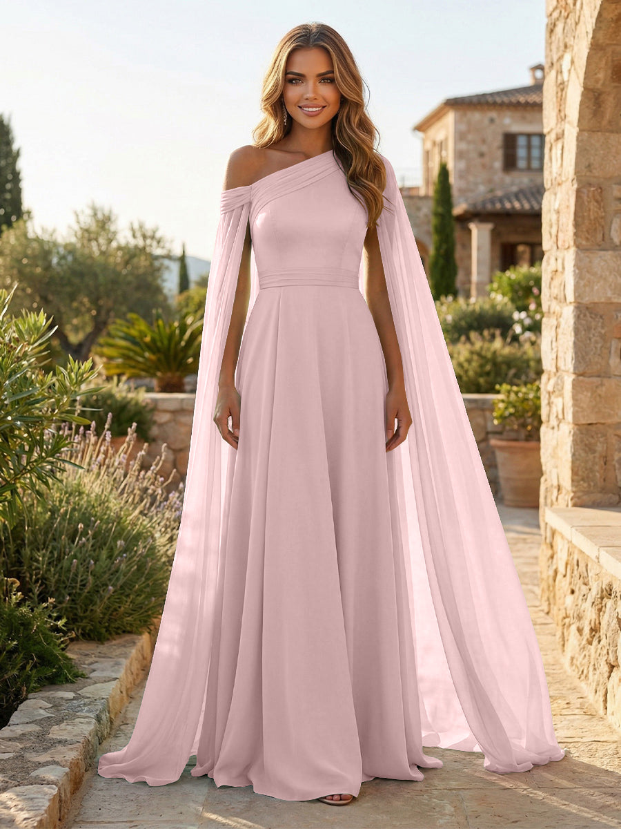 A-Line Chiffon Draped Cape Sleeves Floor-Length Mother of the Bride & Groom Dresses with Sweep Train