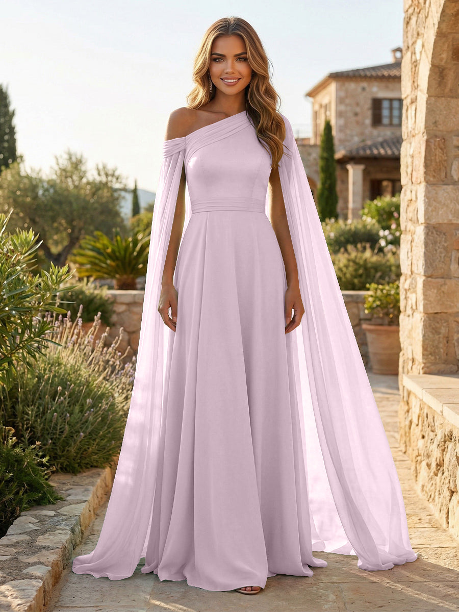 A-Line Chiffon Draped Cape Sleeves Floor-Length Mother of the Bride & Groom Dresses with Sweep Train