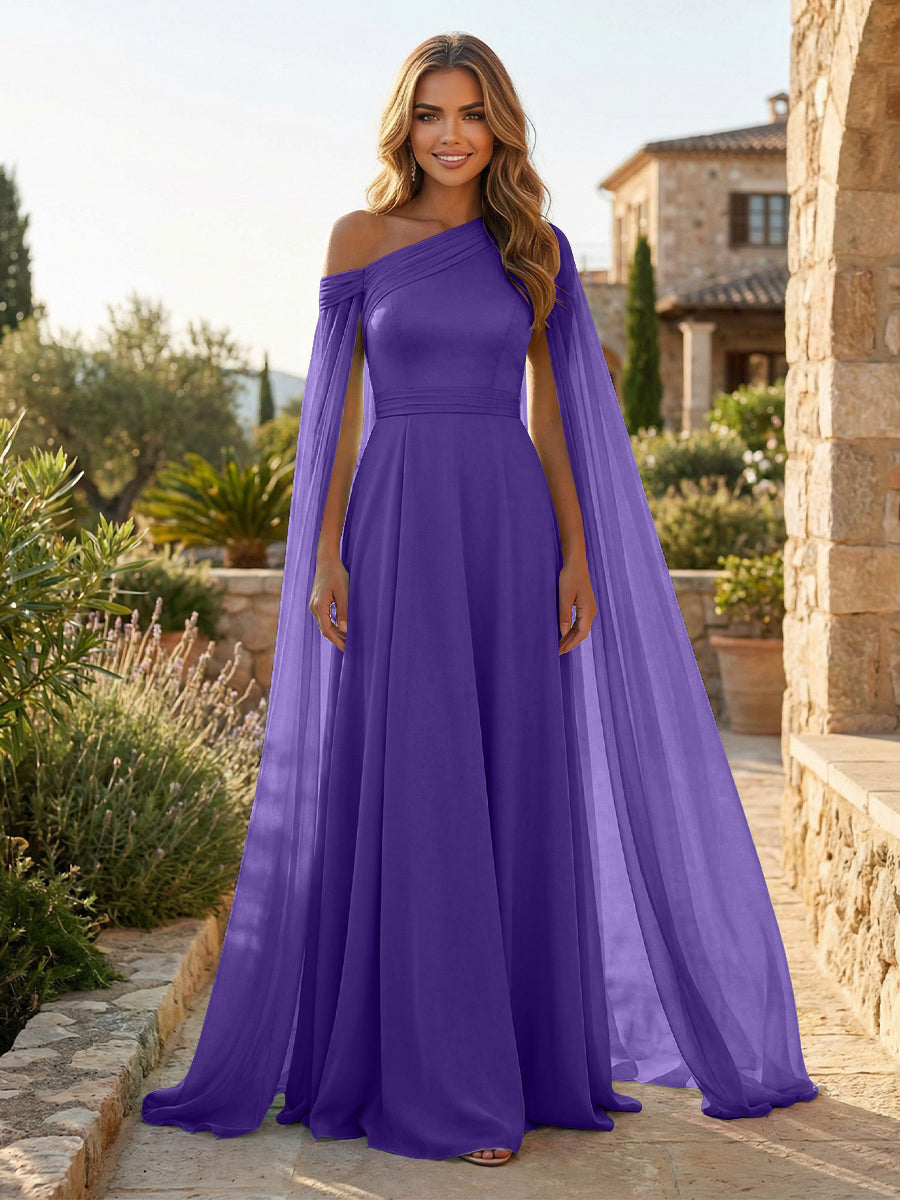 A-Line Chiffon Draped Cape Sleeves Floor-Length Mother of the Bride & Groom Dresses with Sweep Train