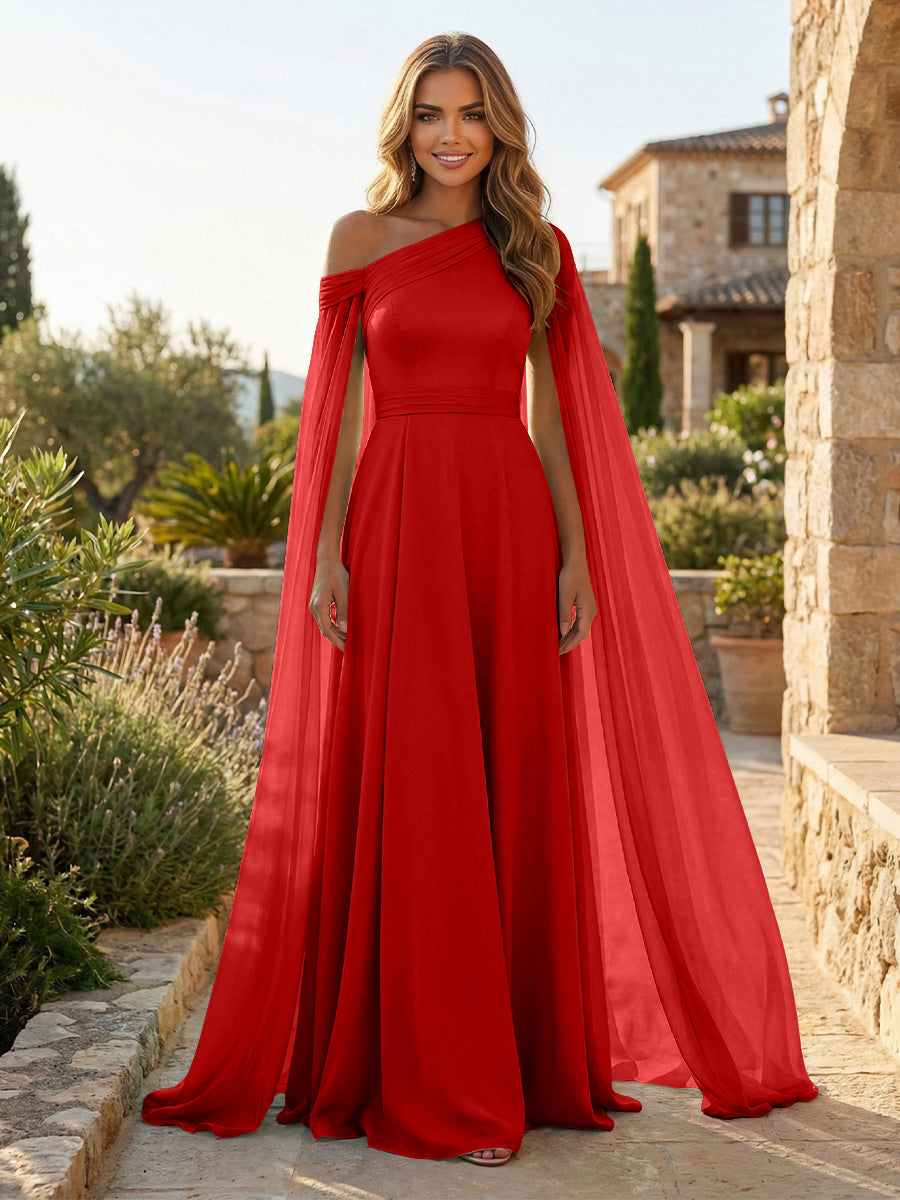 A-Line Chiffon Draped Cape Sleeves Floor-Length Mother of the Bride & Groom Dresses with Sweep Train