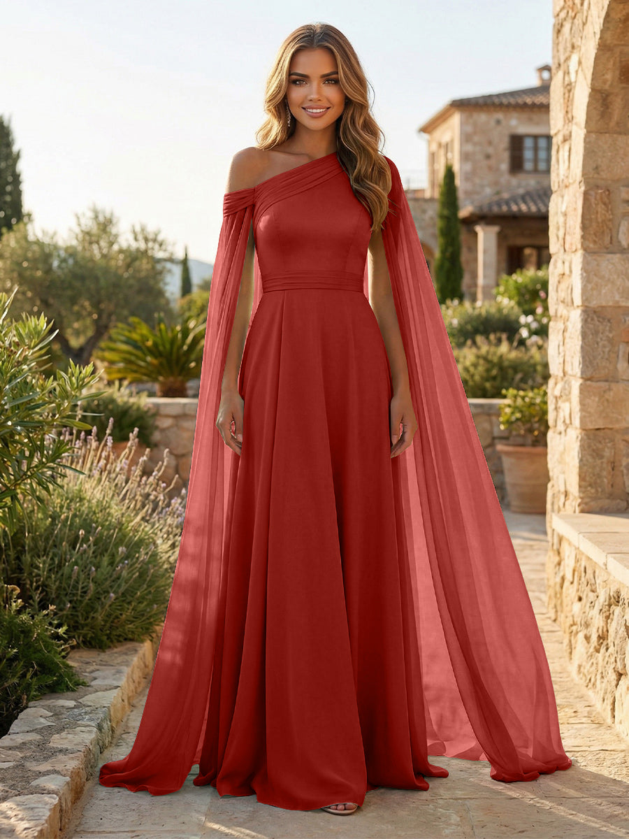 A-Line Chiffon Draped Cape Sleeves Floor-Length Mother of the Bride & Groom Dresses with Sweep Train