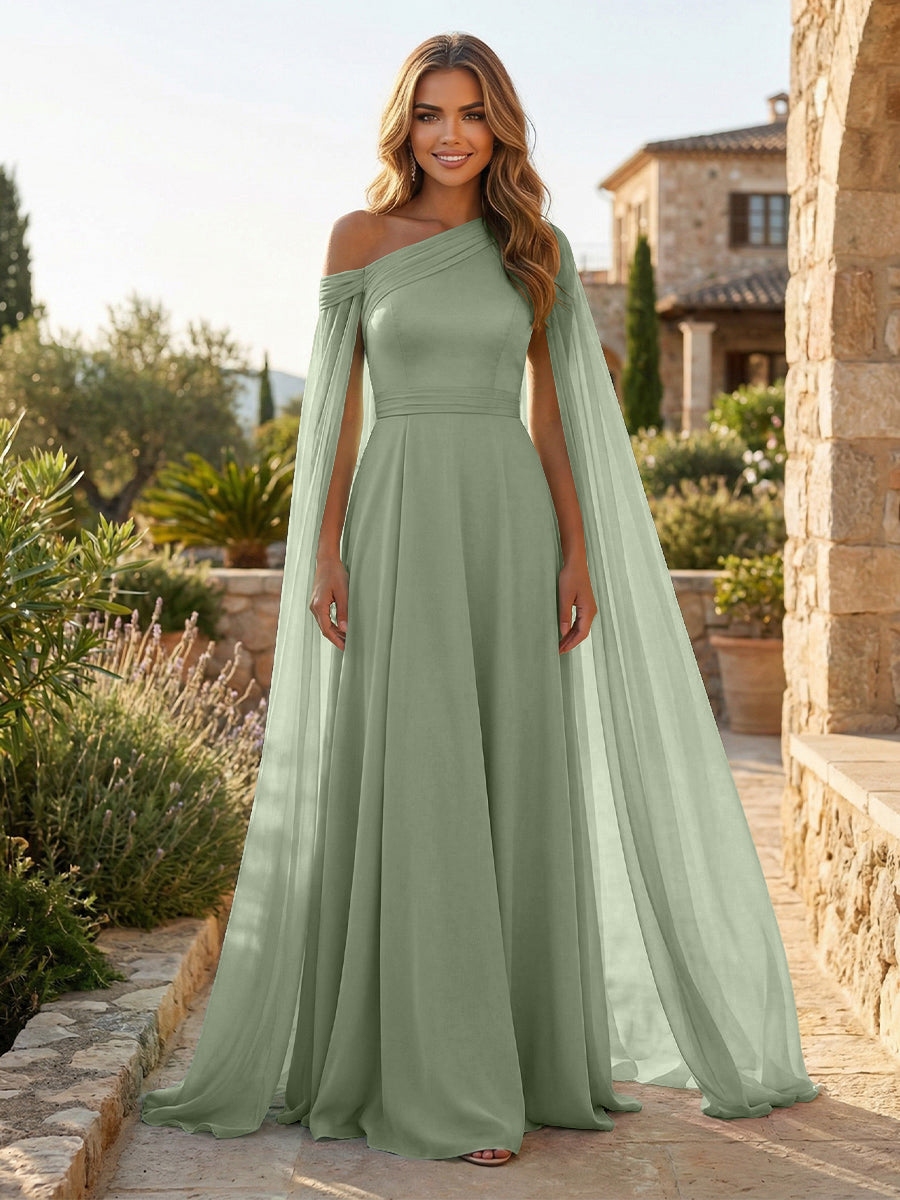 A-Line Chiffon Draped Cape Sleeves Floor-Length Mother of the Bride & Groom Dresses with Sweep Train