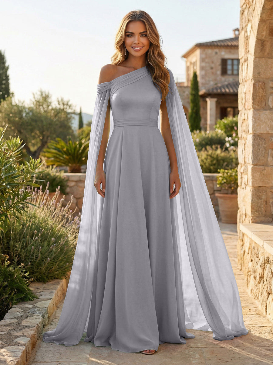 A-Line Chiffon Draped Cape Sleeves Floor-Length Mother of the Bride & Groom Dresses with Sweep Train