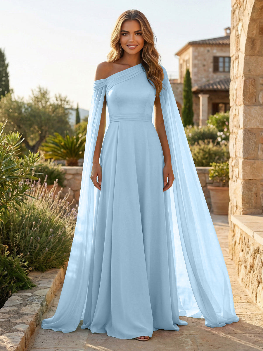 A-Line Chiffon Draped Cape Sleeves Floor-Length Mother of the Bride & Groom Dresses with Sweep Train