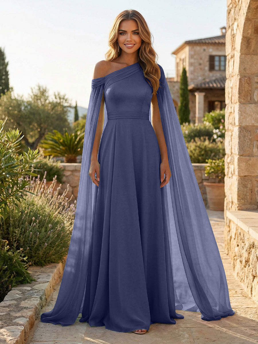 A-Line Chiffon Draped Cape Sleeves Floor-Length Mother of the Bride & Groom Dresses with Sweep Train