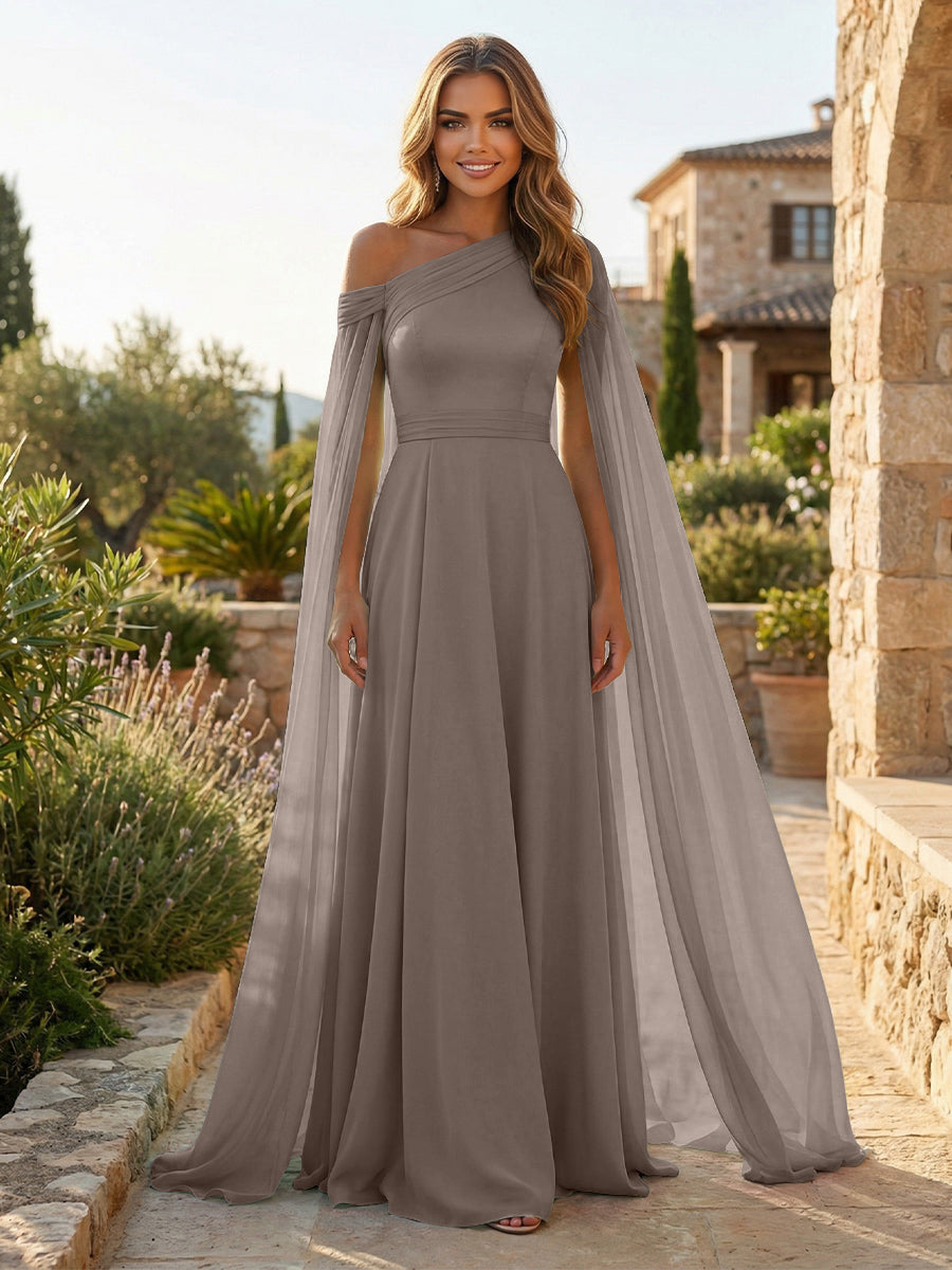 A-Line Chiffon Draped Cape Sleeves Floor-Length Mother of the Bride & Groom Dresses with Sweep Train
