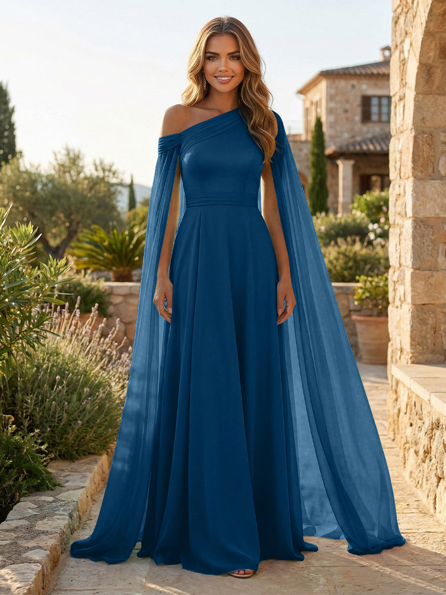 A-Line Chiffon Draped Cape Sleeves Floor-Length Mother of the Bride & Groom Dresses with Sweep Train