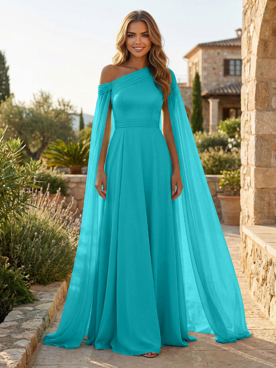 A-Line Chiffon Draped Cape Sleeves Floor-Length Mother of the Bride & Groom Dresses with Sweep Train