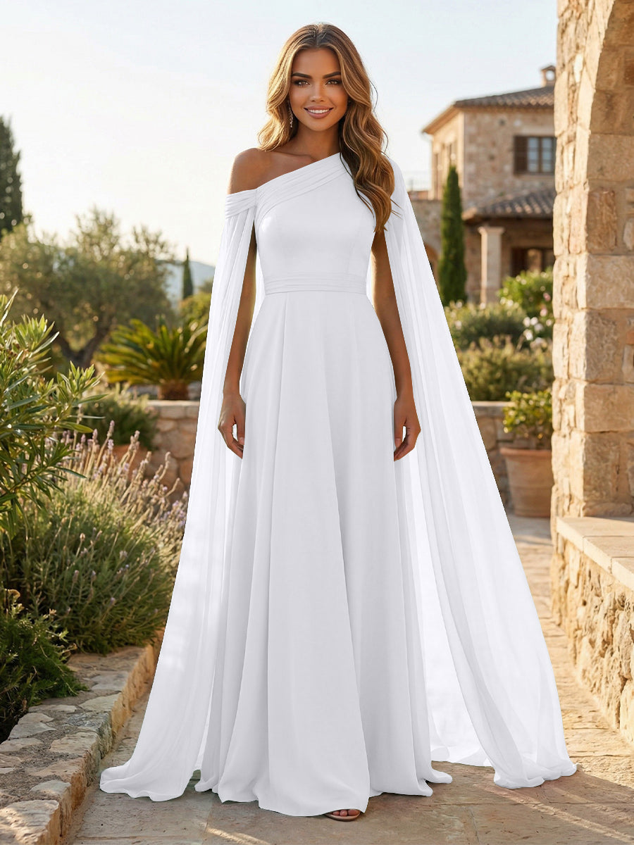 A-Line Chiffon Draped Cape Sleeves Floor-Length Mother of the Bride & Groom Dresses with Sweep Train