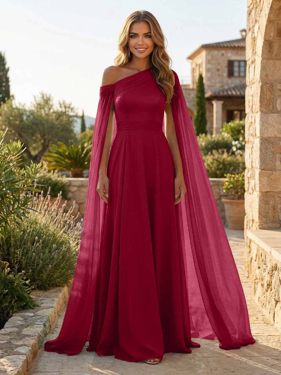 A-Line Chiffon Draped Cape Sleeves Floor-Length Mother of the Bride & Groom Dresses with Sweep Train
