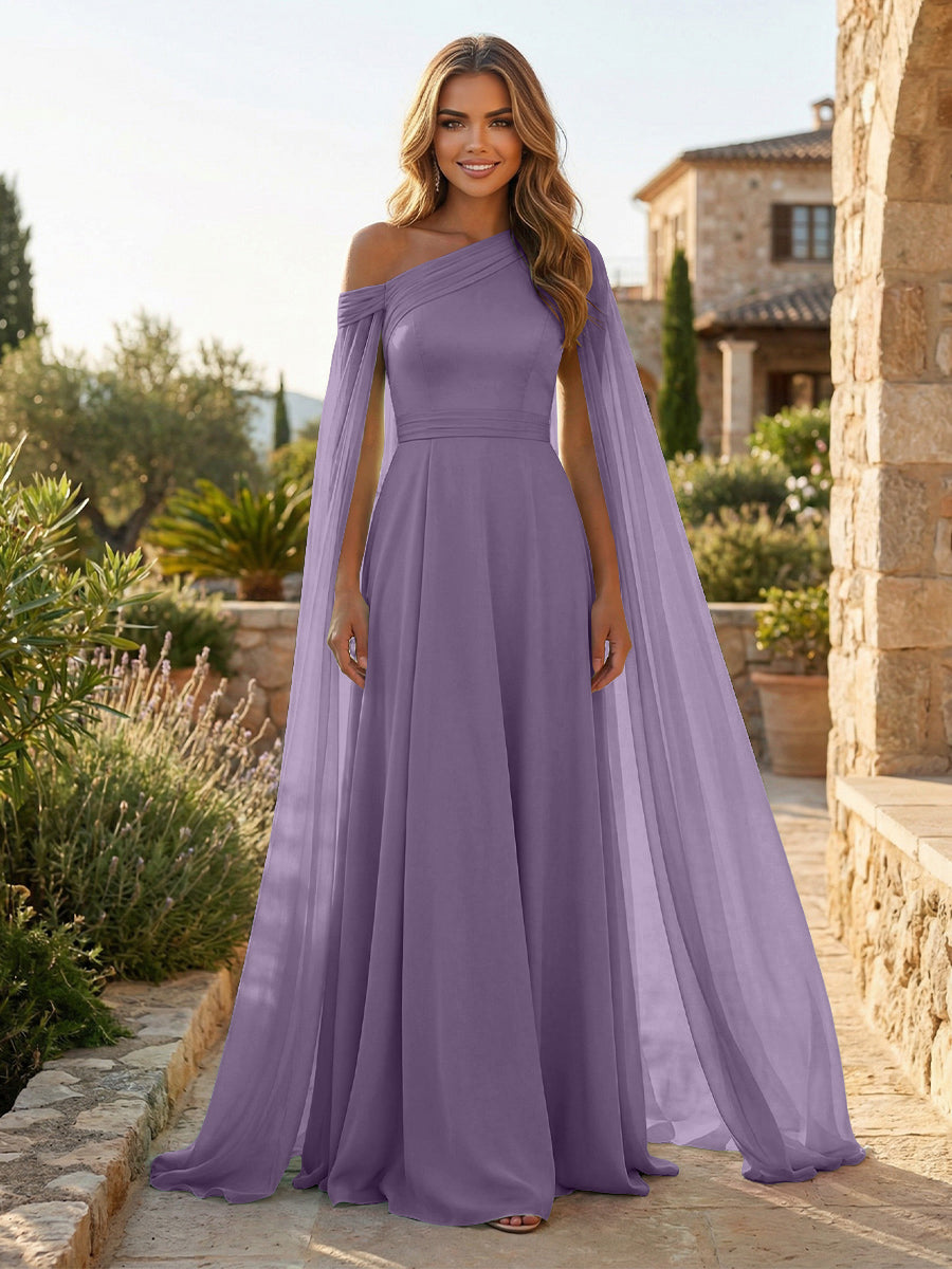 A-Line Chiffon Draped Cape Sleeves Floor-Length Mother of the Bride & Groom Dresses with Sweep Train