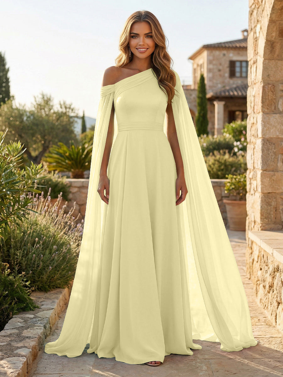 A-Line Chiffon Draped Cape Sleeves Floor-Length Mother of the Bride & Groom Dresses with Sweep Train