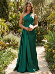 A-Line Satin One Shoulder Floor-Length Mother of the Bride & Groom Dresses with Sweep Train