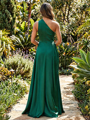 A-Line Satin One Shoulder Floor-Length Mother of the Bride & Groom Dresses with Sweep Train