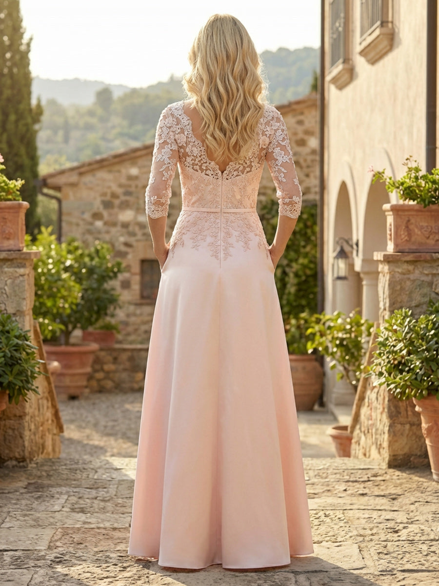 A-Line Satin 3/4 Sleeves Floor-Length Mother of the Bride & Groom Dresses with Lace Bodice & Pockets