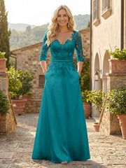 A-Line Satin 3/4 Sleeves Floor-Length Mother of the Bride & Groom Dresses with Lace Bodice & Pockets