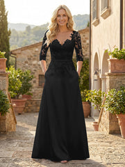 A-Line Satin 3/4 Sleeves Floor-Length Mother of the Bride & Groom Dresses with Lace Bodice & Pockets