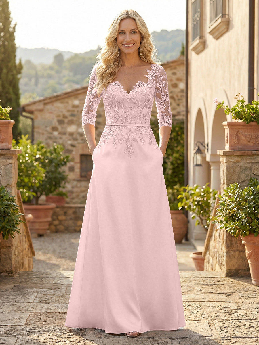 A-Line Satin 3/4 Sleeves Floor-Length Mother of the Bride & Groom Dresses with Lace Bodice & Pockets