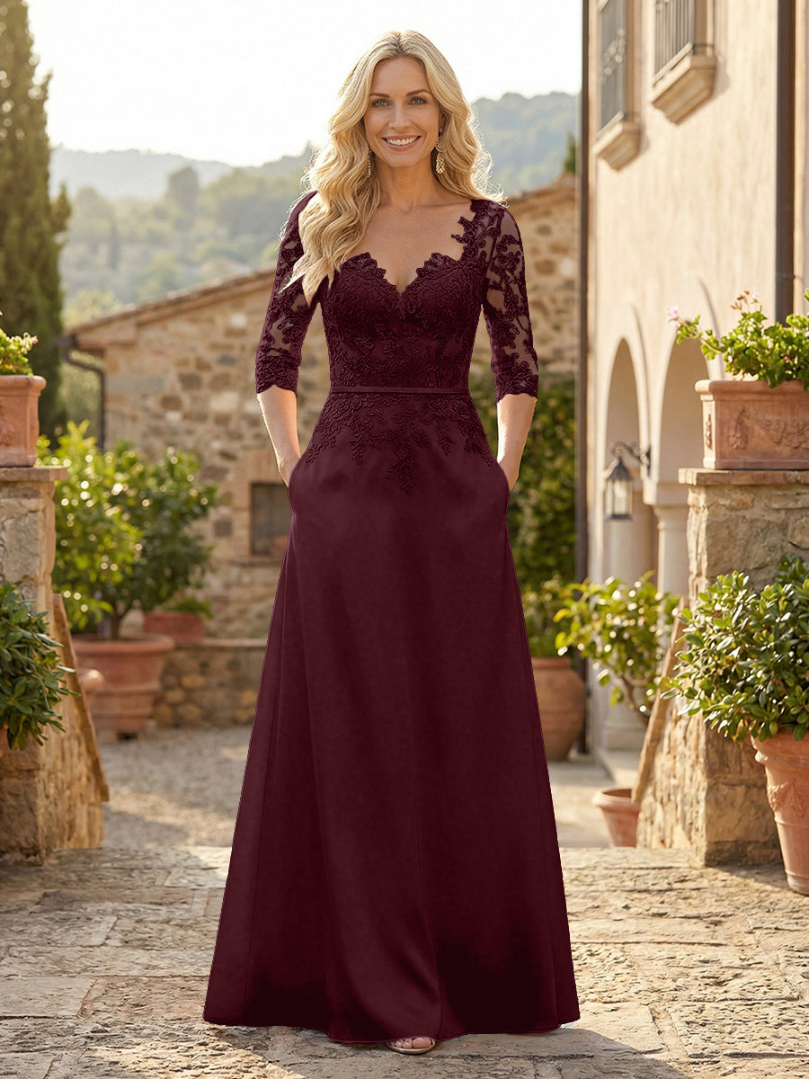 A-Line Satin 3/4 Sleeves Floor-Length Mother of the Bride & Groom Dresses with Lace Bodice & Pockets