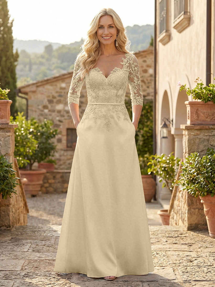 A-Line Satin 3/4 Sleeves Floor-Length Mother of the Bride & Groom Dresses with Lace Bodice & Pockets