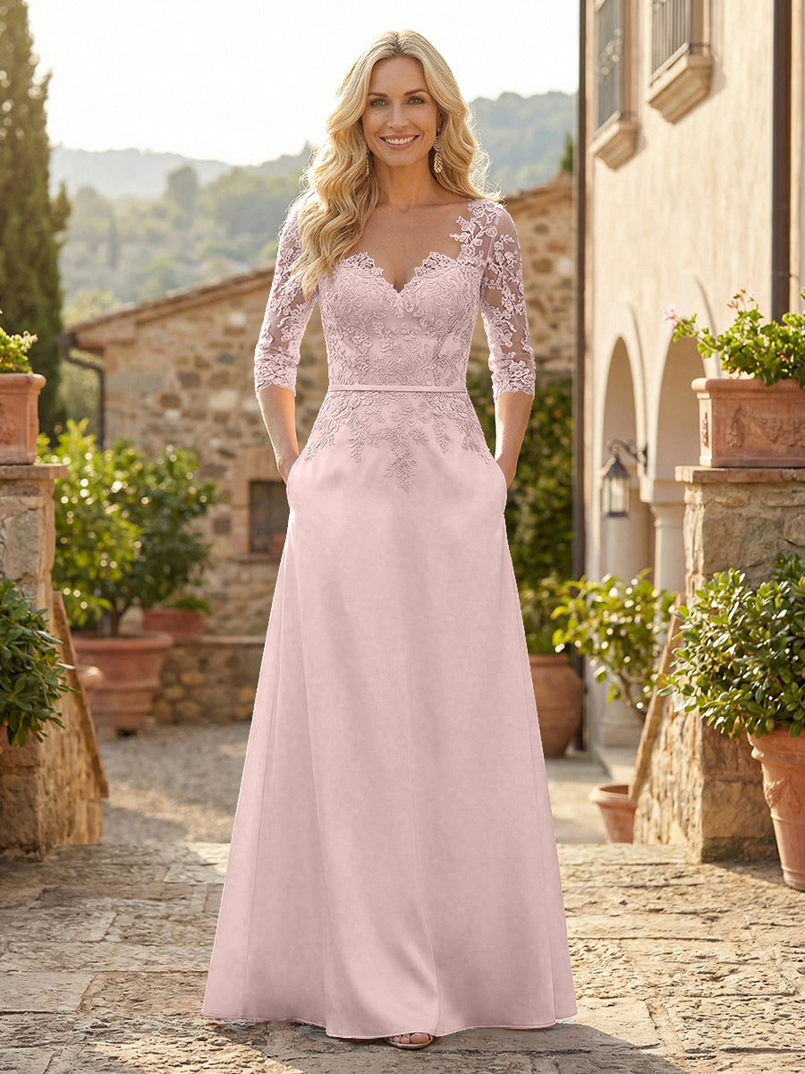 A-Line Satin 3/4 Sleeves Floor-Length Mother of the Bride & Groom Dresses with Lace Bodice & Pockets