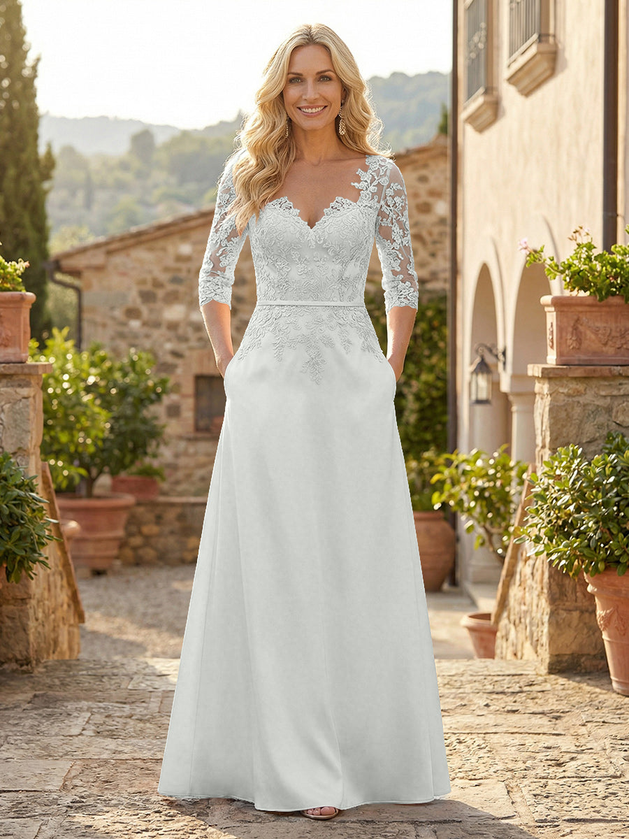 A-Line Satin 3/4 Sleeves Floor-Length Mother of the Bride & Groom Dresses with Lace Bodice & Pockets