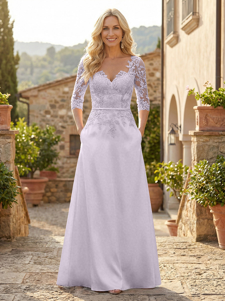 A-Line Satin 3/4 Sleeves Floor-Length Mother of the Bride & Groom Dresses with Lace Bodice & Pockets
