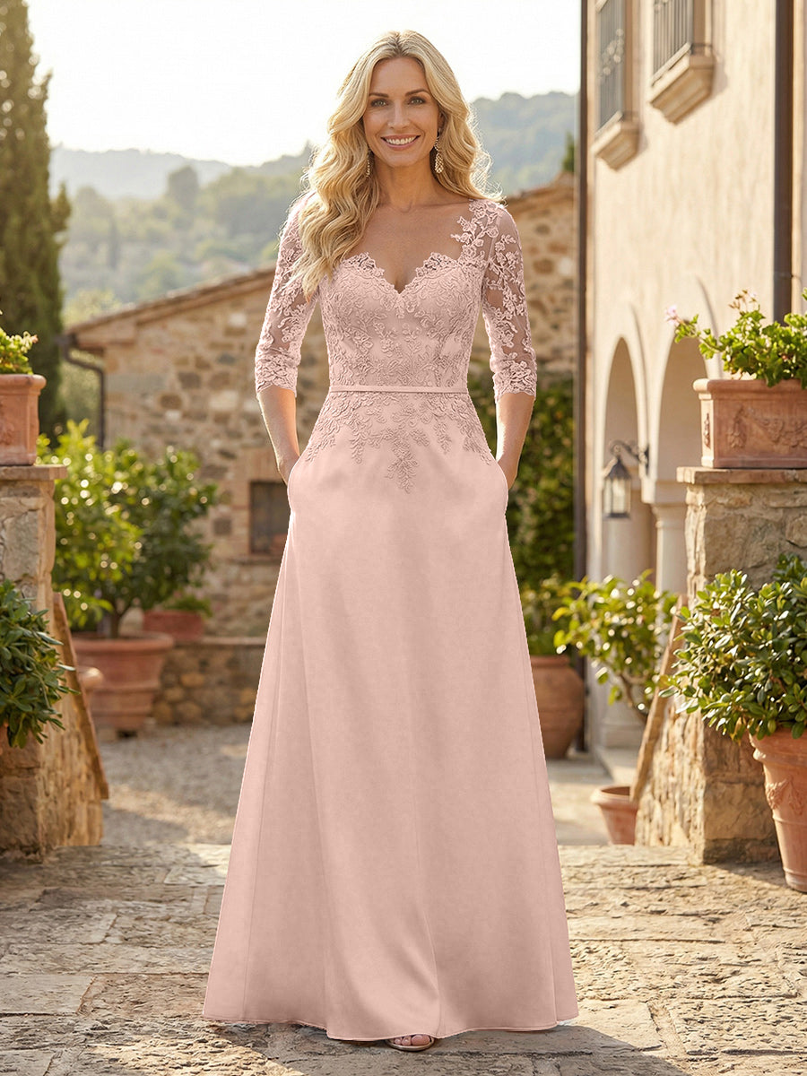 A-Line Satin 3/4 Sleeves Floor-Length Mother of the Bride & Groom Dresses with Lace Bodice & Pockets