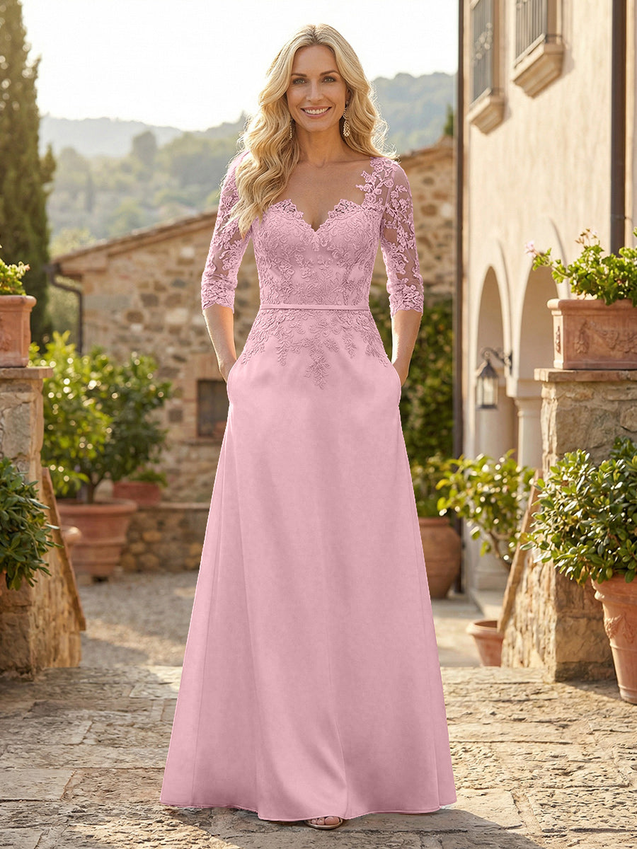 A-Line Satin 3/4 Sleeves Floor-Length Mother of the Bride & Groom Dresses with Lace Bodice & Pockets