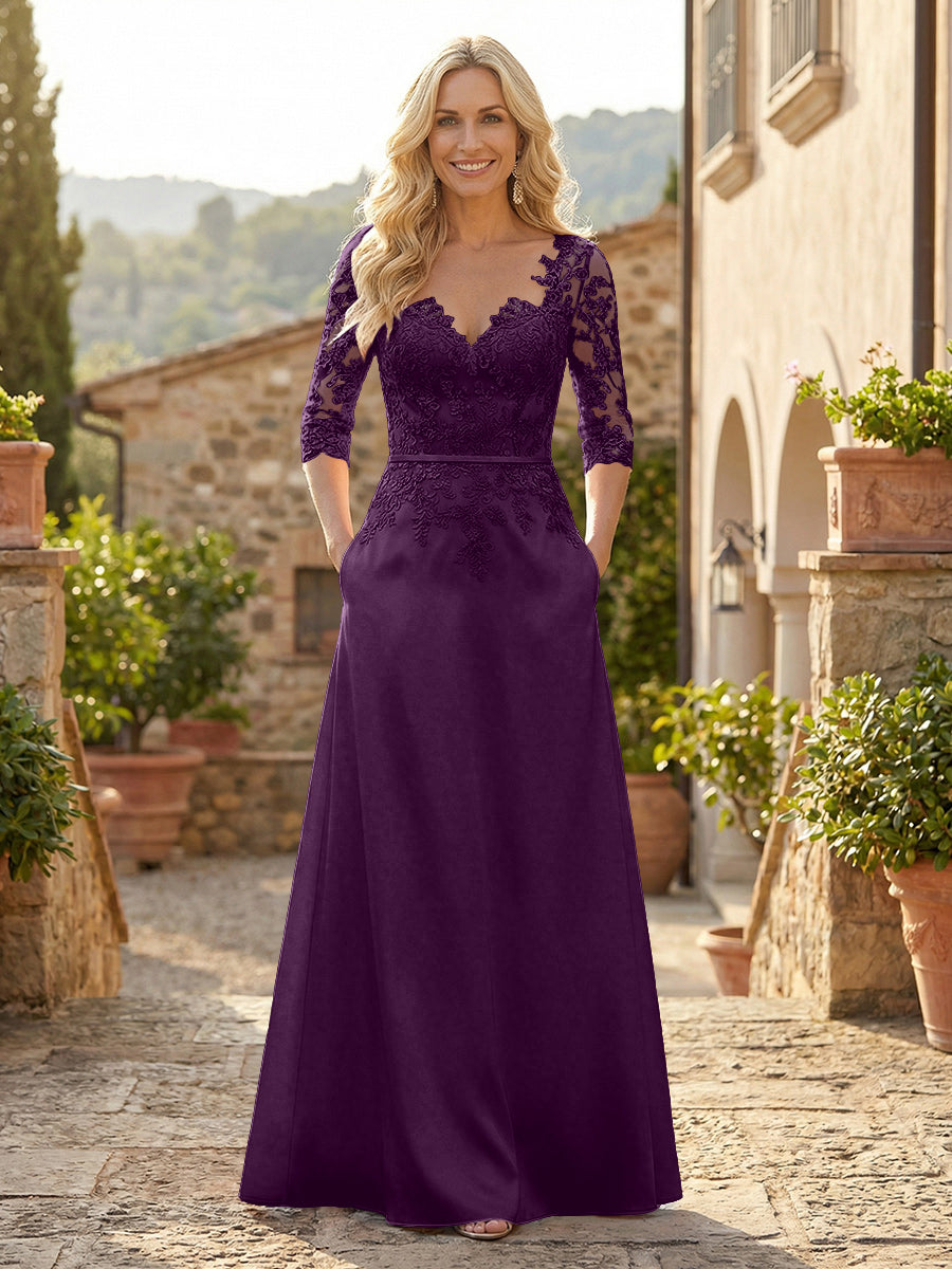 A-Line Satin 3/4 Sleeves Floor-Length Mother of the Bride & Groom Dresses with Lace Bodice & Pockets