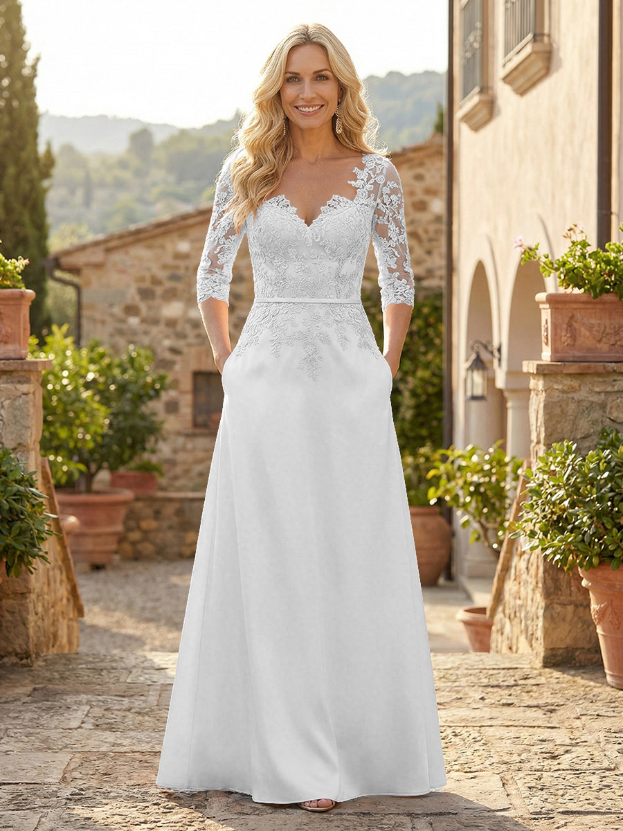 A-Line Satin 3/4 Sleeves Floor-Length Mother of the Bride & Groom Dresses with Lace Bodice & Pockets