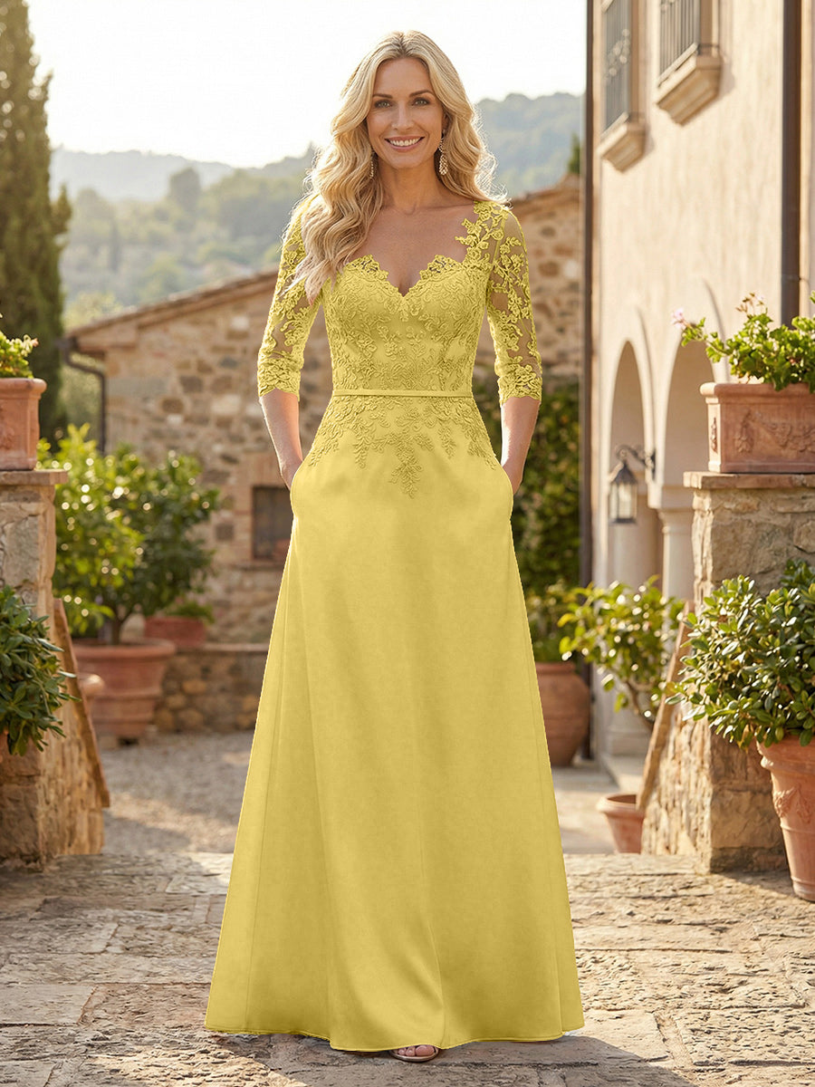 A-Line Satin 3/4 Sleeves Floor-Length Mother of the Bride & Groom Dresses with Lace Bodice & Pockets