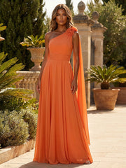 A-Line Chiffon One Shoulder Draped Cape Sleeves Floor-Length Mother of the Bride & Groom Dresses