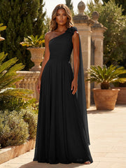 A-Line Chiffon One Shoulder Draped Cape Sleeves Floor-Length Mother of the Bride & Groom Dresses