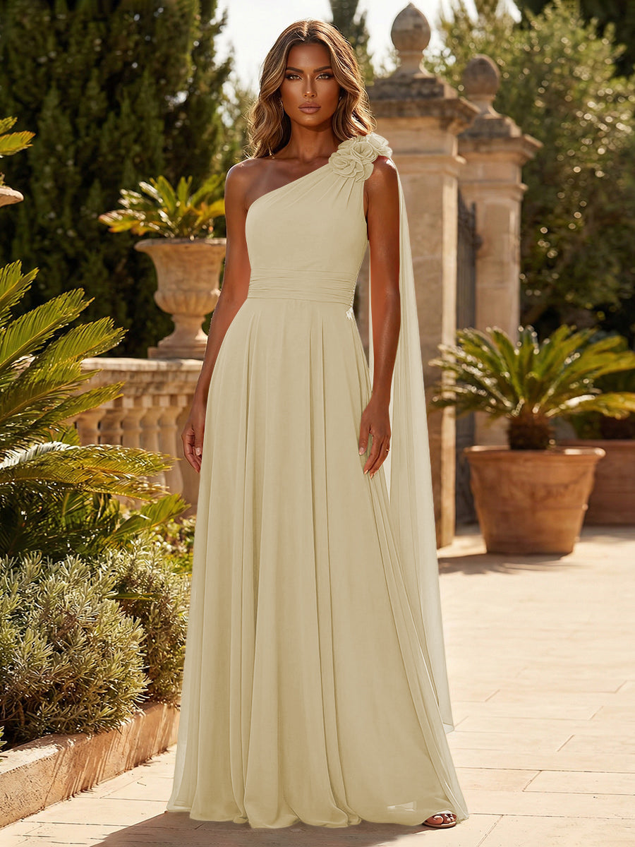 A-Line Chiffon One Shoulder Draped Cape Sleeves Floor-Length Mother of the Bride & Groom Dresses