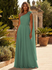 A-Line Chiffon One Shoulder Draped Cape Sleeves Floor-Length Mother of the Bride & Groom Dresses