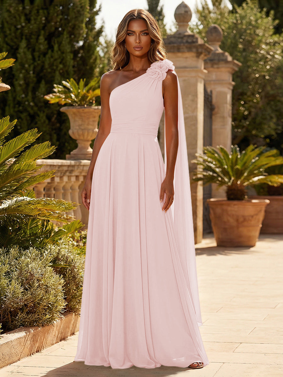A-Line Chiffon One Shoulder Draped Cape Sleeves Floor-Length Mother of the Bride & Groom Dresses