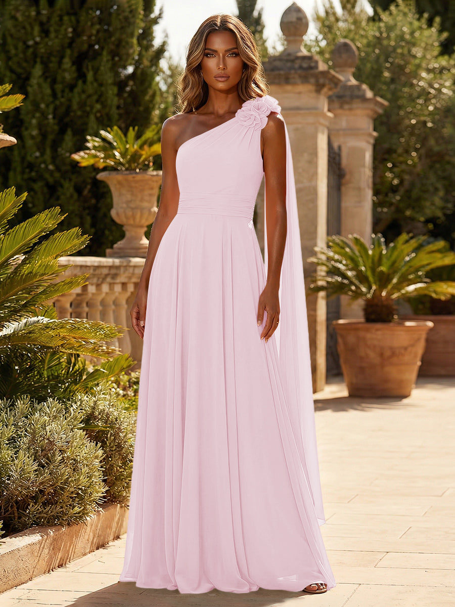 A-Line Chiffon One Shoulder Draped Cape Sleeves Floor-Length Mother of the Bride & Groom Dresses