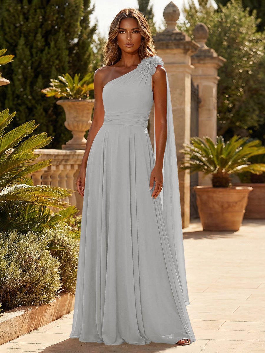 A-Line Chiffon One Shoulder Draped Cape Sleeves Floor-Length Mother of the Bride & Groom Dresses